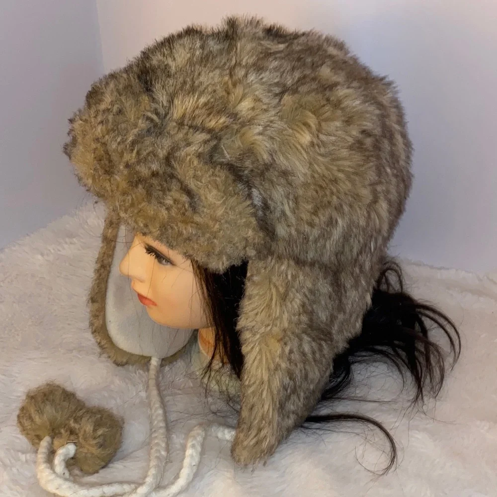 American Eagle Faux Fur Brown, Beige & Black Unisex Trapper Hat Pom Pom Tie-OS